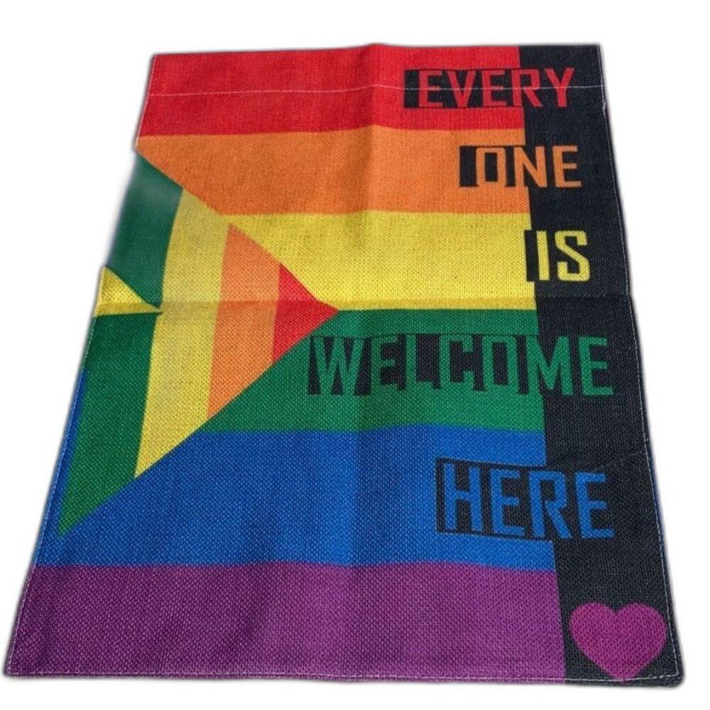 PRIDE Garden Flag Rainbow Purple Heart Everyone is Welcome Here 12 x 18 inches